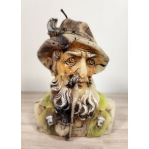 Vtg Hand Carved Candle Old Man w/ Pipe Unburned Unique Lots Of Details 7" (FB2)